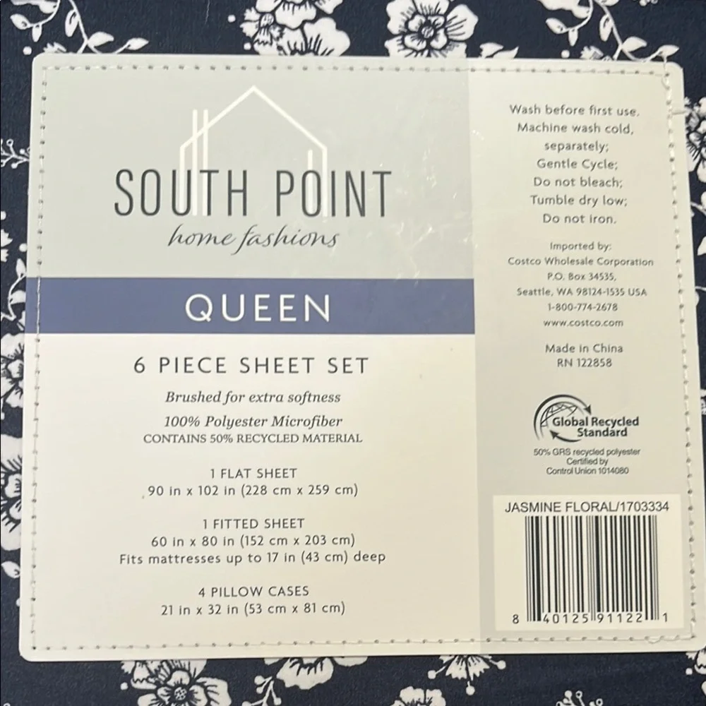 Queen Sheet Set - Navy and White Floral - Picture 3 of 5